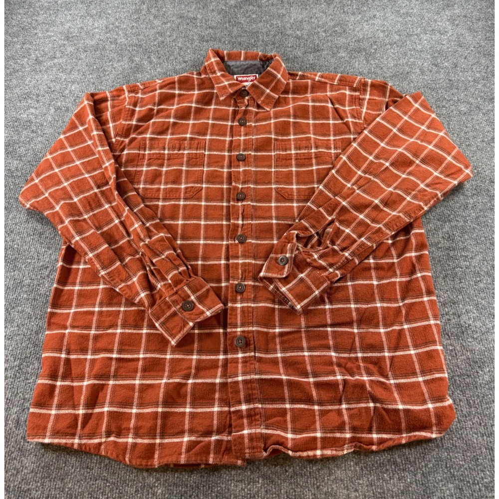 Wrangler Mens Rust Orange Plaid Flannel Shirt Long Sleeve Cotton Button Down L
